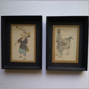 Pair of antique Japanese color woodblock prints on crepe paper